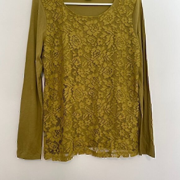 ANN TAYLOR Factory Split Pea Green Floral Lace Overlay Front Long Sleeve Tee Top - Picture 3 of 10